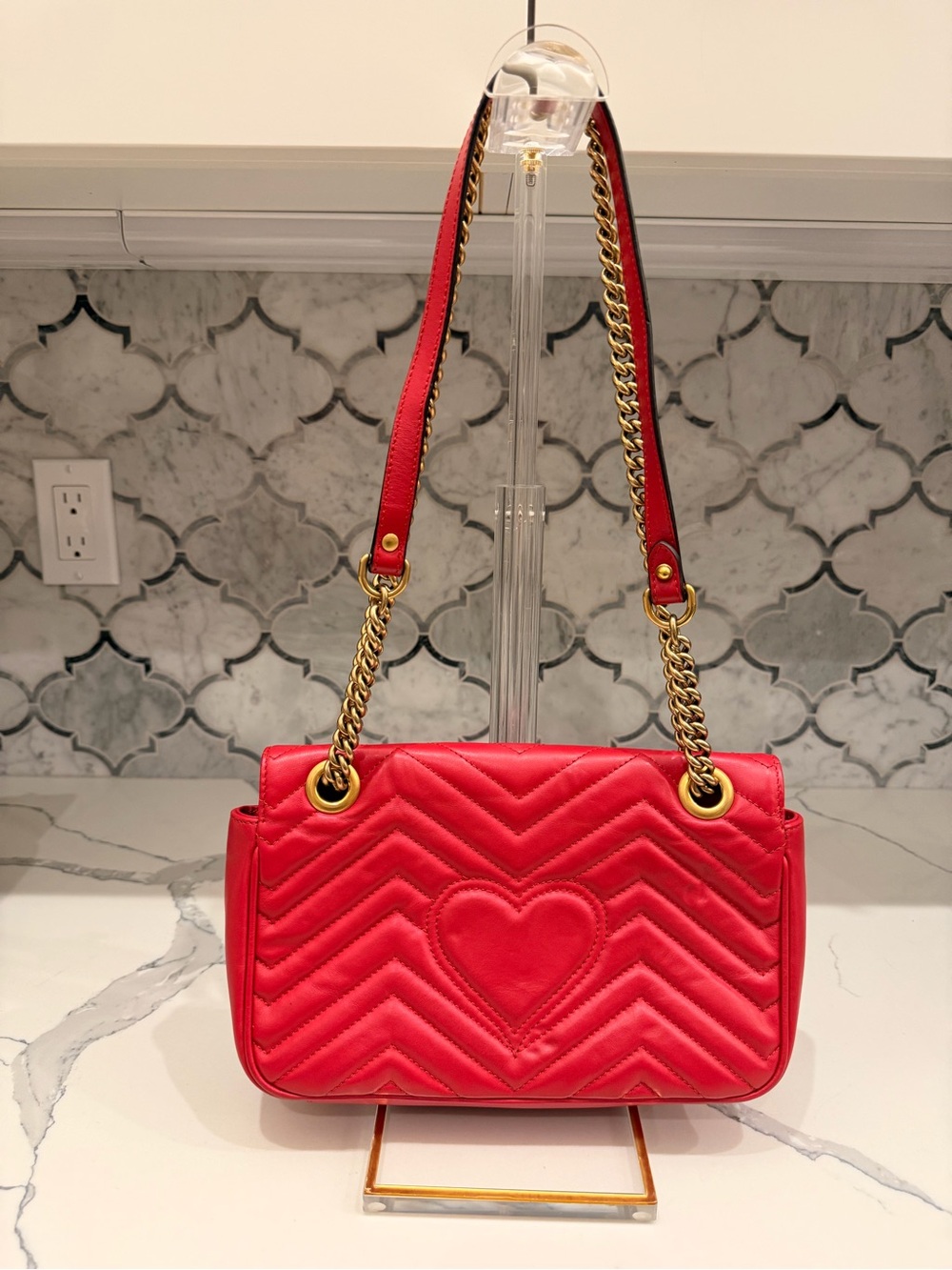 Gucci Red Quilted GG Marmont Shoulder Bag with Gold Hardware - Picture 6 of 14